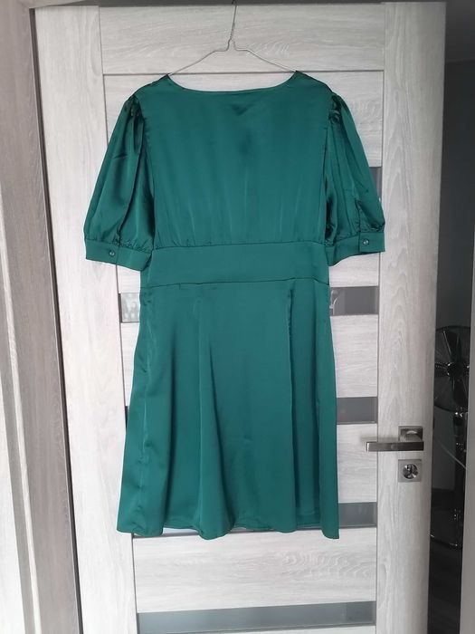 Nowa sukienka satynowa elegancka butelkowa zieleń 44 święta andrzejki