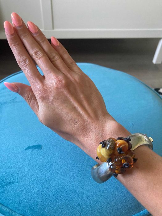 Artystyczny komplet naszyjnik bransoletka srebro bursztyny