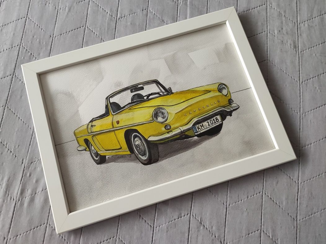 Obraz grafika 21x30cm ręcznie malowany Renault Caravelle oprawiony