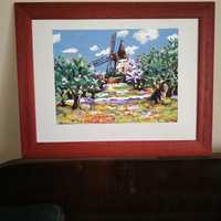 Obraz  w drewnianej ramie akryl pejzaż z wiatrakiem kolorowy