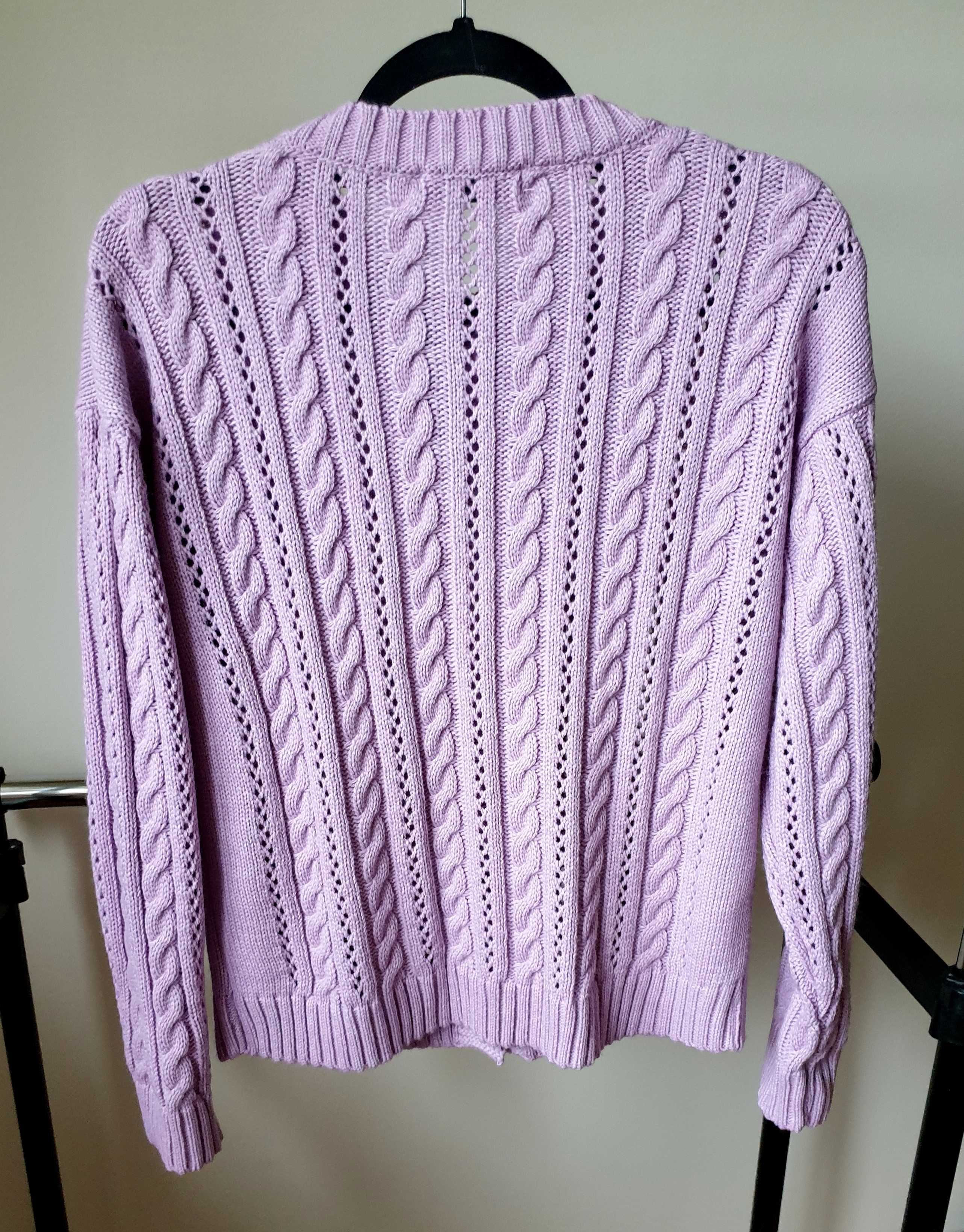 Liliowy sweter pleciony warkocze kardigan z wełną rozmiar S M