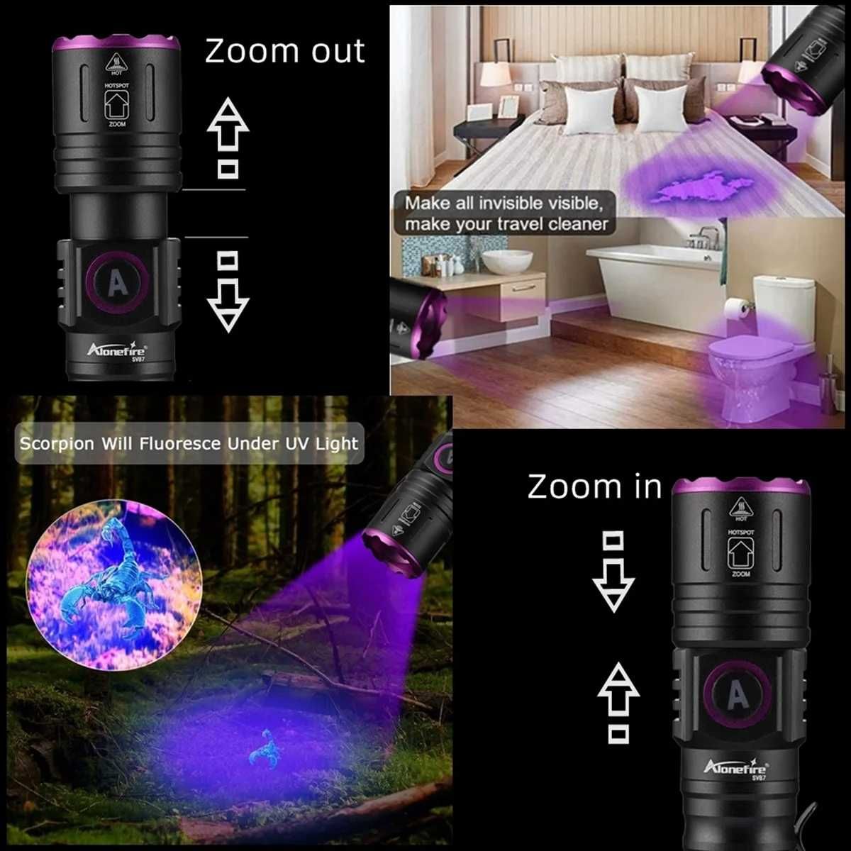 Latarka UV AloneFire SV87 395nm zoom z baterią 18650