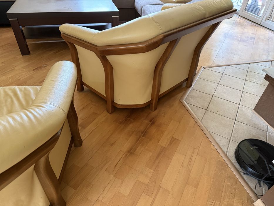 Komplet skórzany: duża sofa z funkcją spania + mała sofa + fotel