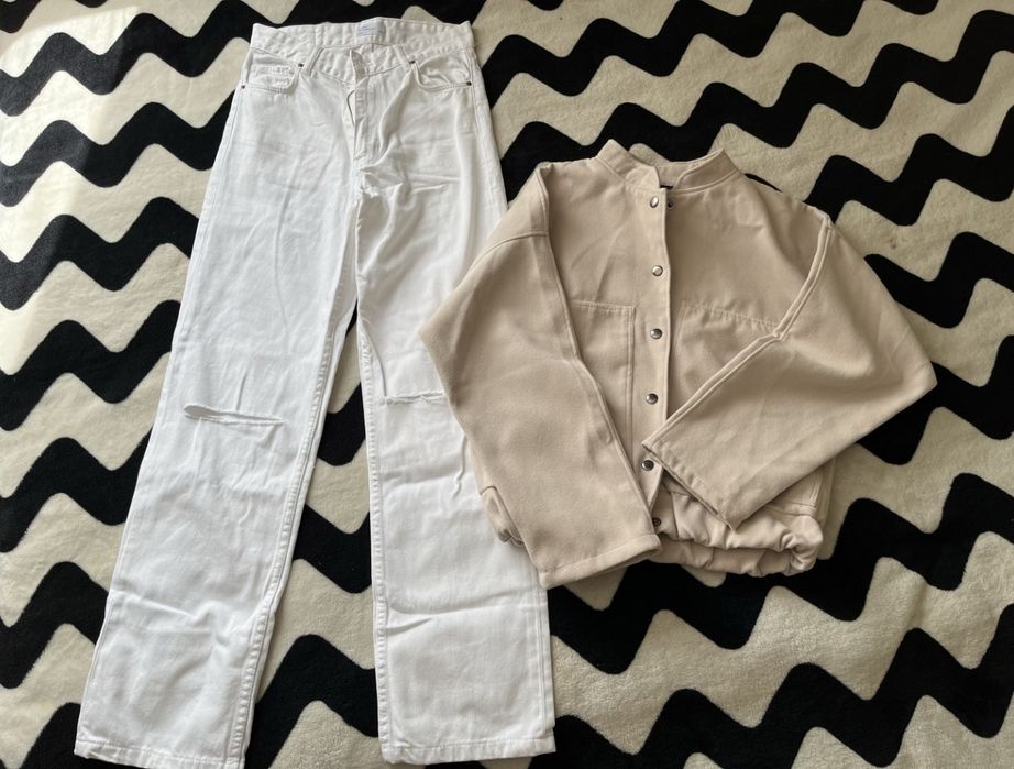 Бежевий бомбер білі джинси