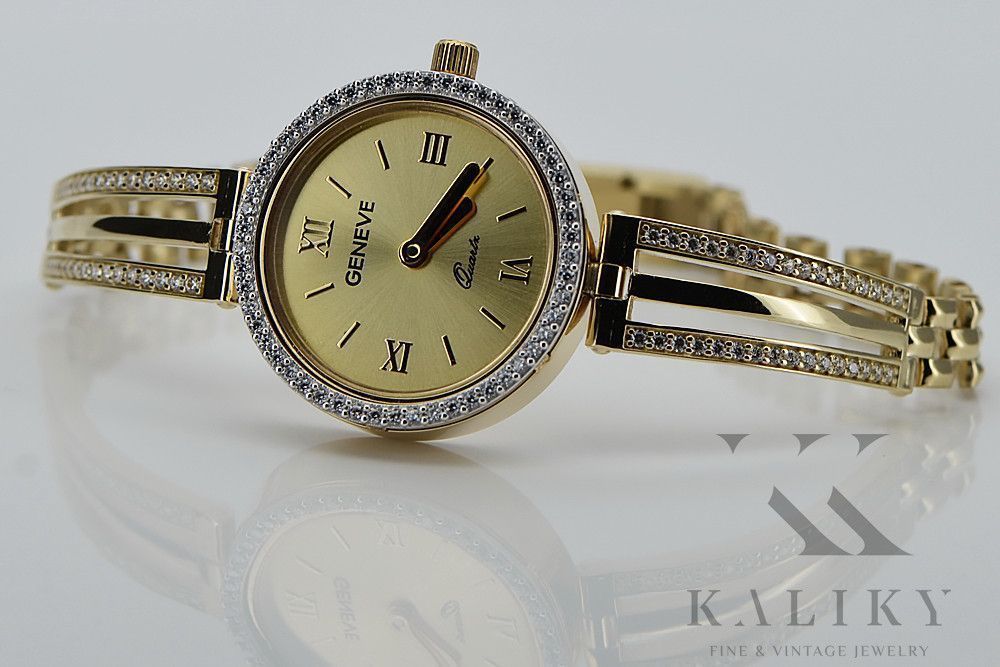Prześliczny 14k 585 złoty damski zegarek Geneve lw025y Złoty 14k