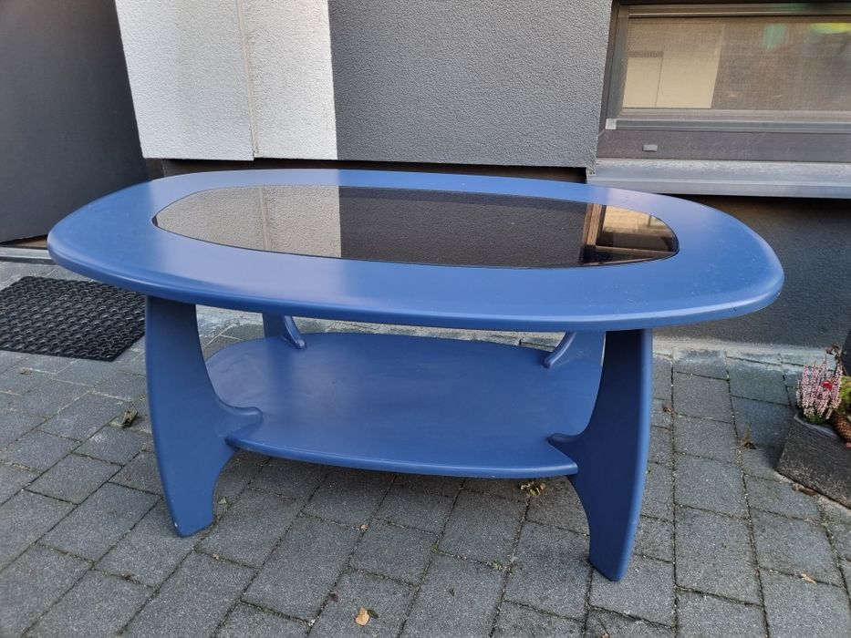 Stolik niebieski kawowy owal szyba