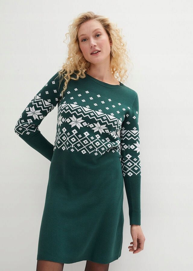 B.P.C sukienka dzianinowa zielona ze wzorem norweskim r.40/42