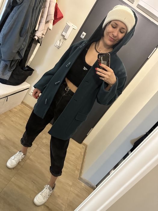 Welniany welna vintage plaszcz budrysowka butelkowy zimowy kaptur