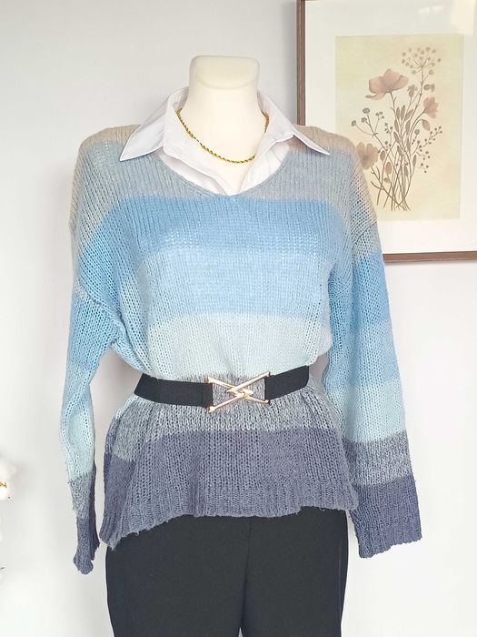 Niebieski sweter w paski dzianinowy wełna moher Luxzuz M oversize