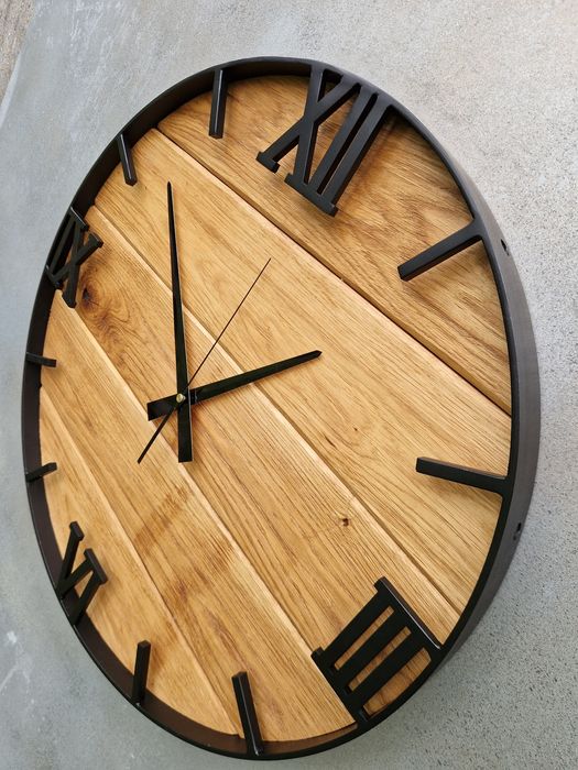 Zegar ścienny loft Dębowy 50cm stalowy drewniany rękodzieło salon duży
