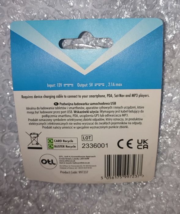 Ładowanie samochodu: Dual USB Car charger 12V - 5V - 2.1A