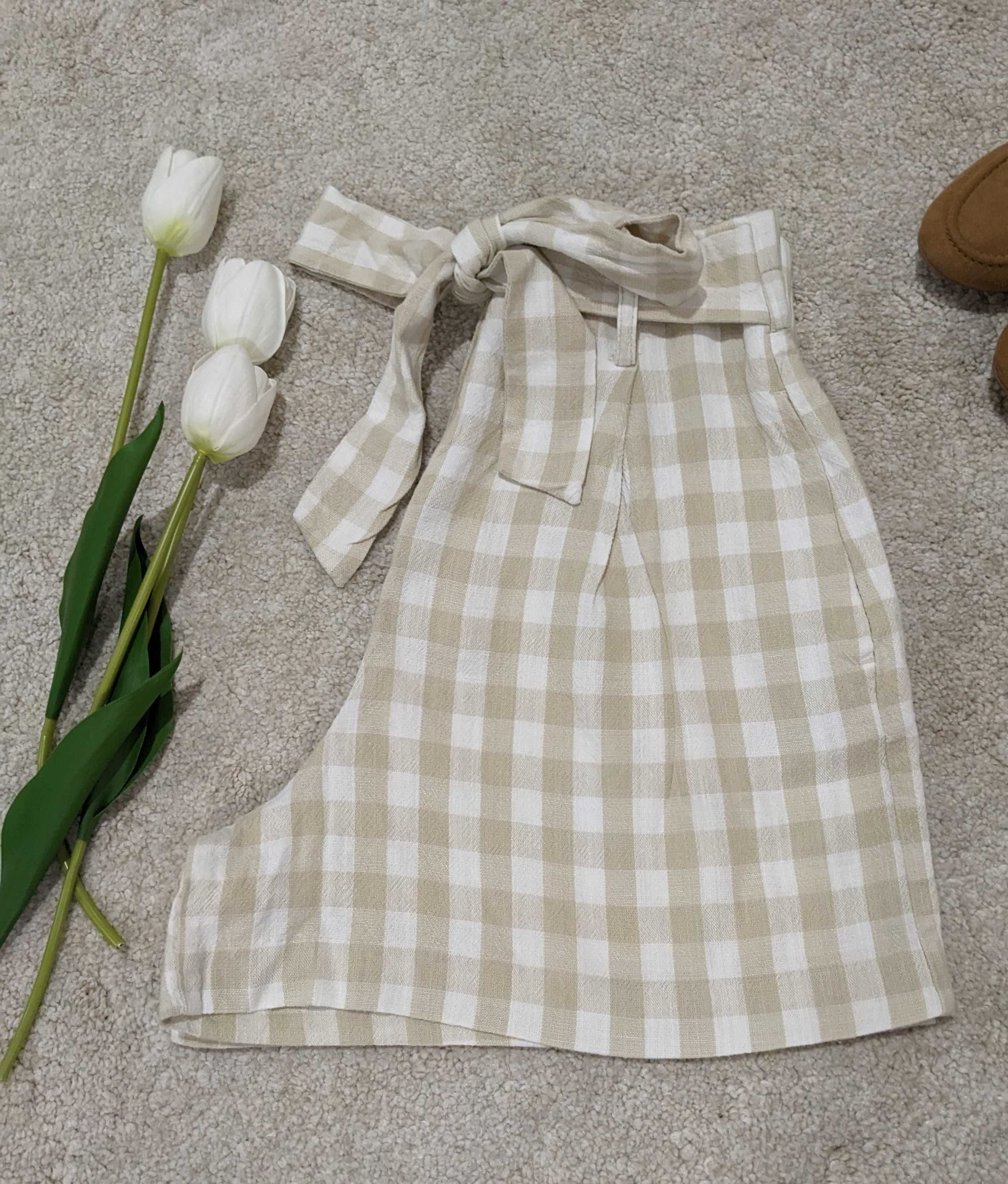 Calções Linho Quadradinhos bege/branco cintura subida (XS / Zara)
