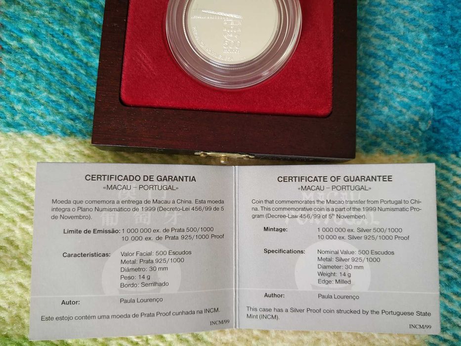 Portugal - moeda em prata (0,925) de 500 escudos de 1999 Macau PROOF