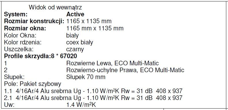 Okno PCV kol. biały wymiar szer. 1165 x wys. 1135 do otworu 120x120