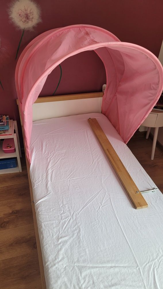 Łóżko dziewczęce drewniane IKEA SNIGLAR + Baldachin różowy