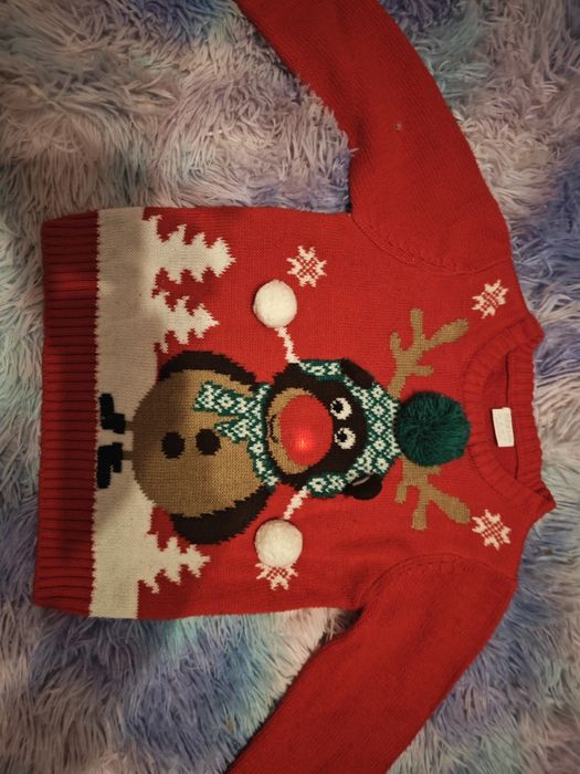 Zestaw świąteczny 98/104, czerwona bluza hm, świecący sweterek świątec