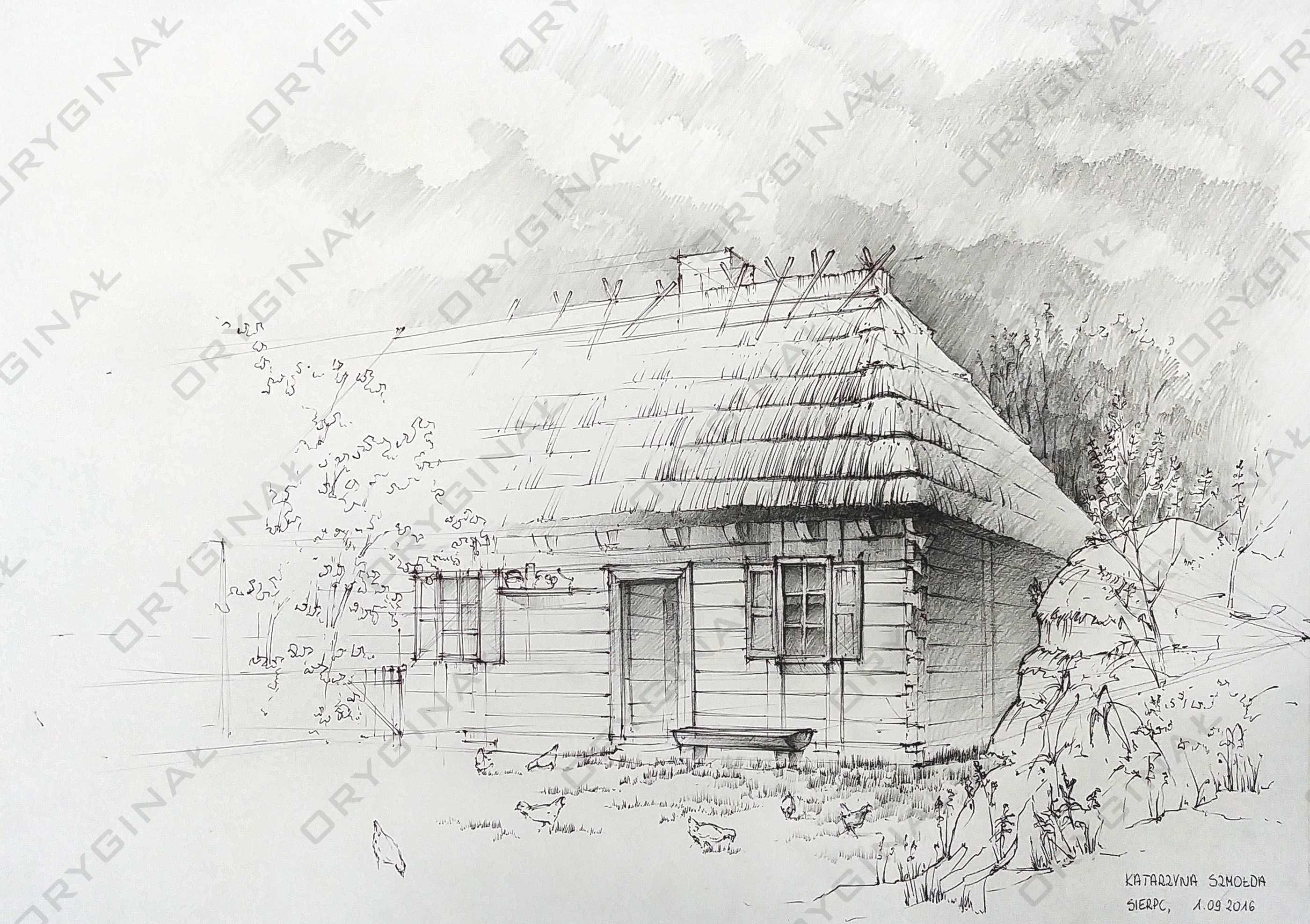 Obraz Rysunek odręczny 35 x 50 - ołówek, długopis - architektura, wieś