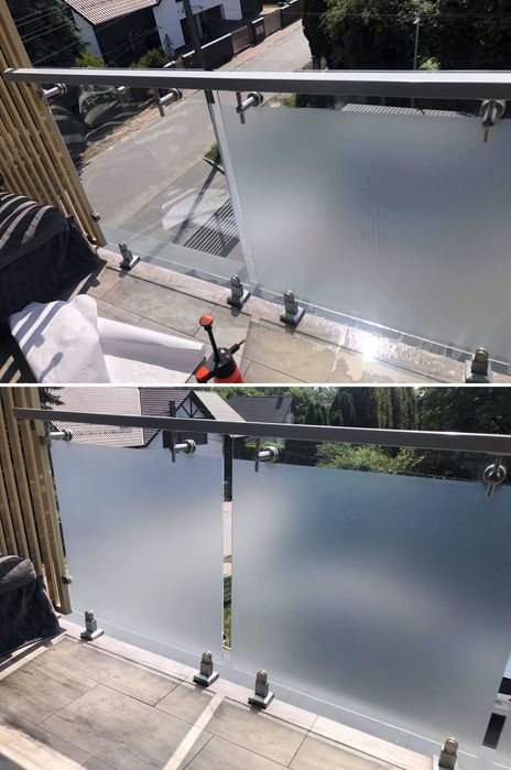 Oklejanie balkonów, szyb, witryn, reklama, folia mrożona, mleczna