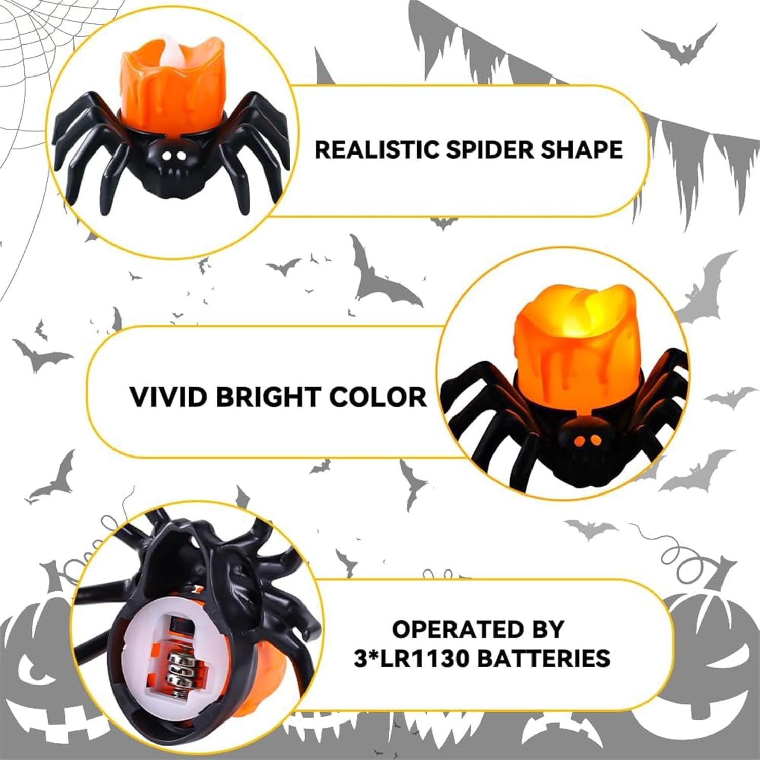 Zestaw 12 Świeczek LED w Kształcie Pająka Dekoracja Halloweenowa