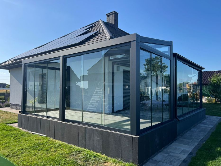 Ogród zimowy, zabudowy szklane , system przesuwny