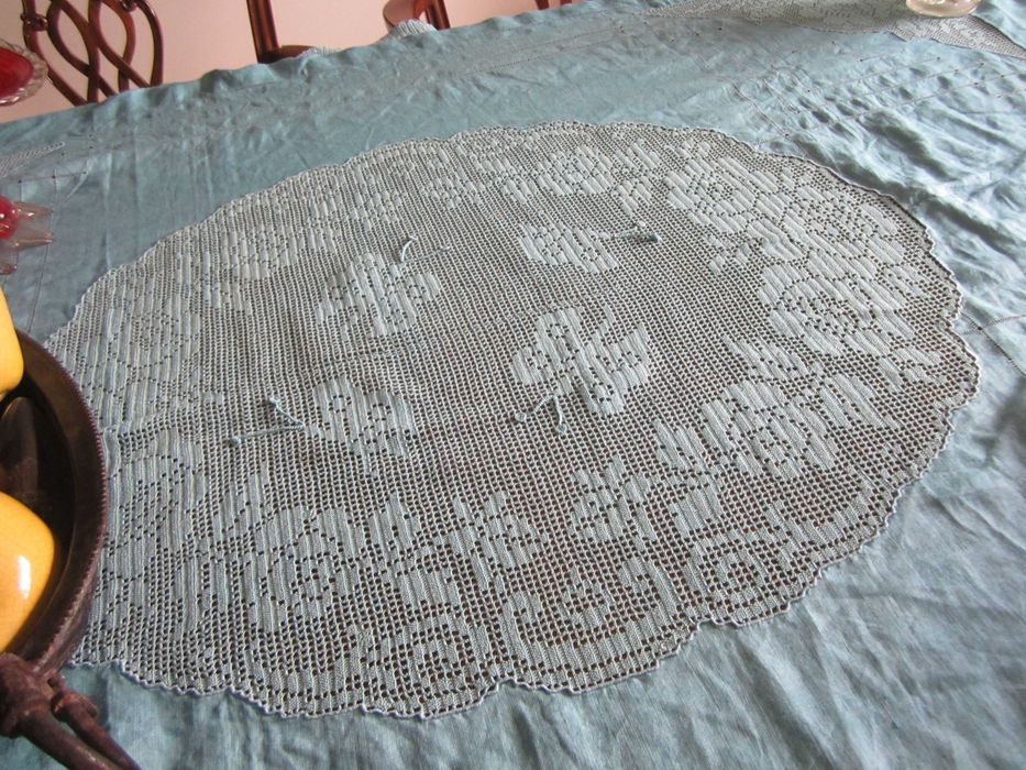 Toalha/Colcha de Sonho Azul Petróleo-Linho, Bordados Manuais