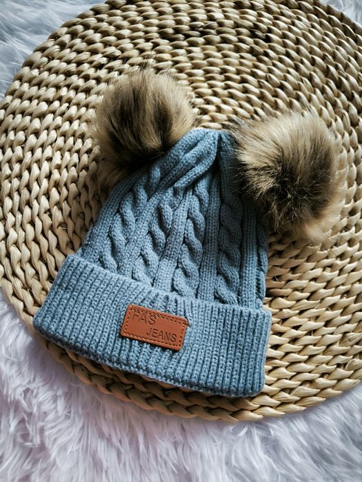 Czapka jesienno-zimowa z dwoma pomponami szara 1-3 lata