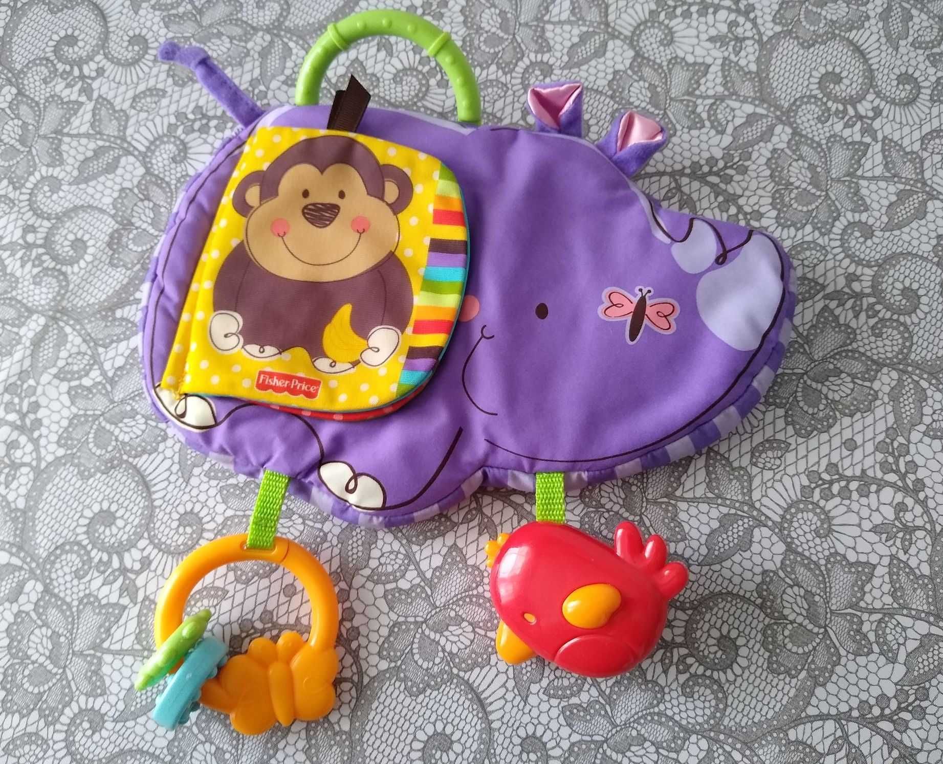 Fisher Price zawieszka, miękka książka, książeczka wesoły nosorożec