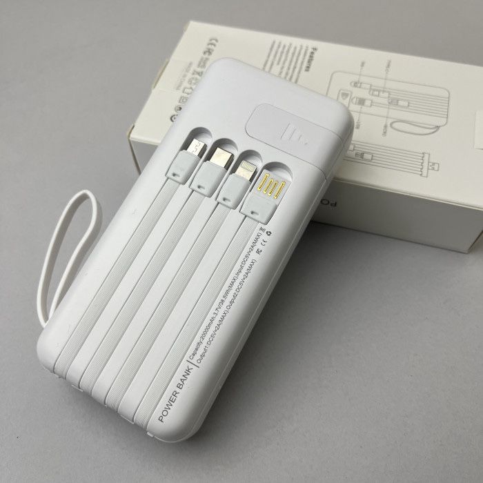 Power Bank Super з кабелем USB+Micro+Type-C+Lightning (20000mAh) Білий