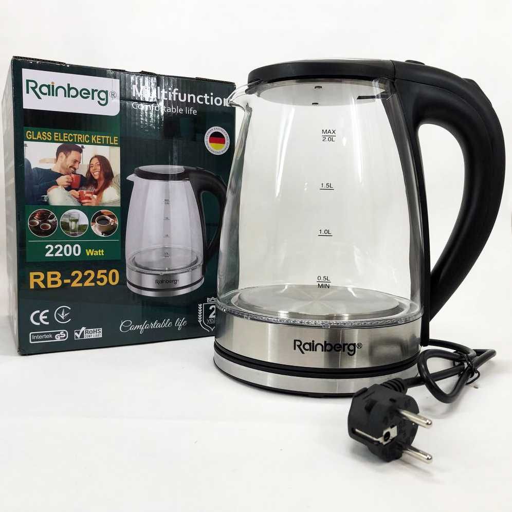 Электрический стеклянный чайник Rainberg RB-2250 с LED, 2200 Вт 1.8л