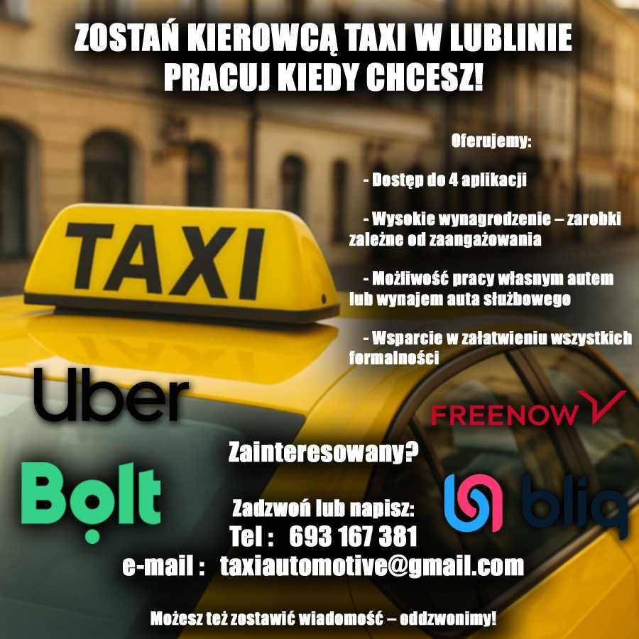 Wynajem TAXI LUBLIN Toyota Corolla, Prius, Fabia BLIQ BOLT UBER FN