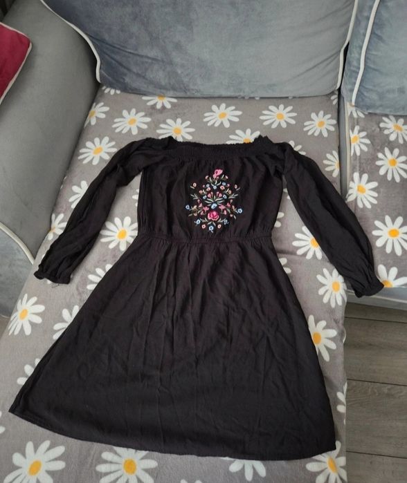 Czarna sukienka hiszpanka BOHO M/38 • haft folk kwiaty