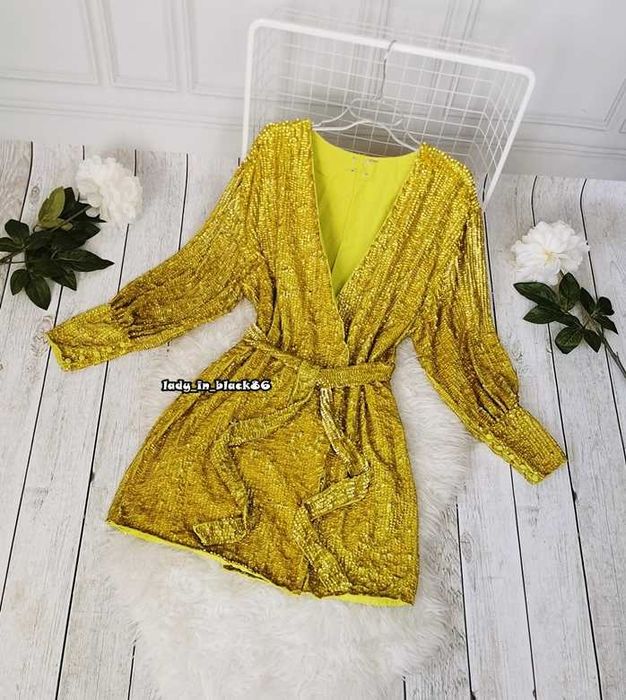 Asos Złota Sukienka Cekinowa Kopertowa Szlafrokowa Wiązana Ekskluzywna