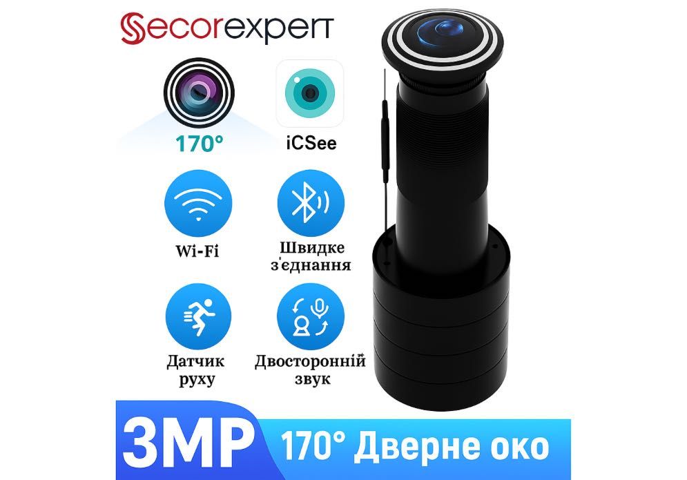 Умный дверной Wi-Fi глазок 3 МП 170° обзор, двусторонняя связь iCSee
