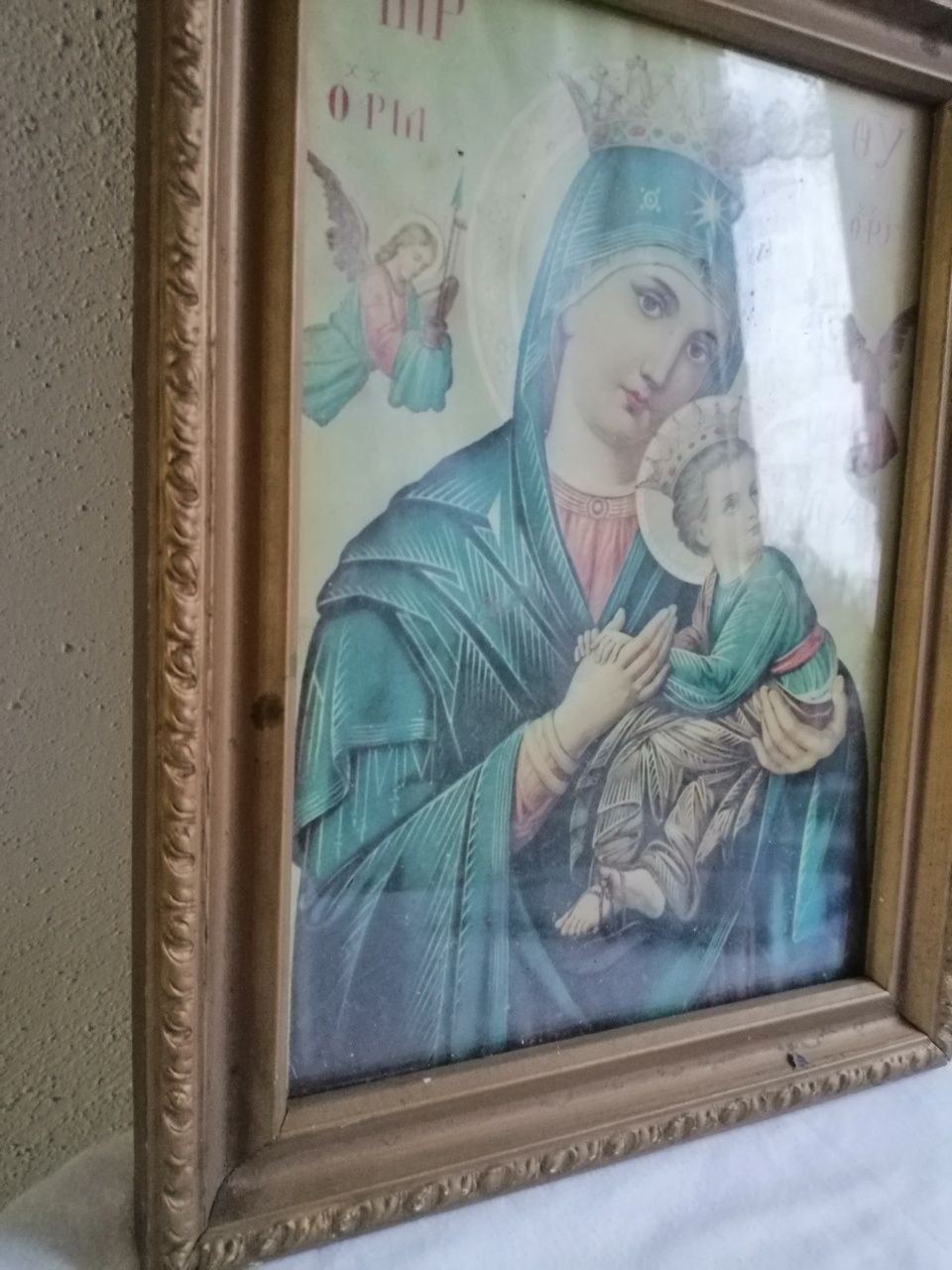 Stary obrazek religijny w ramce +szkło