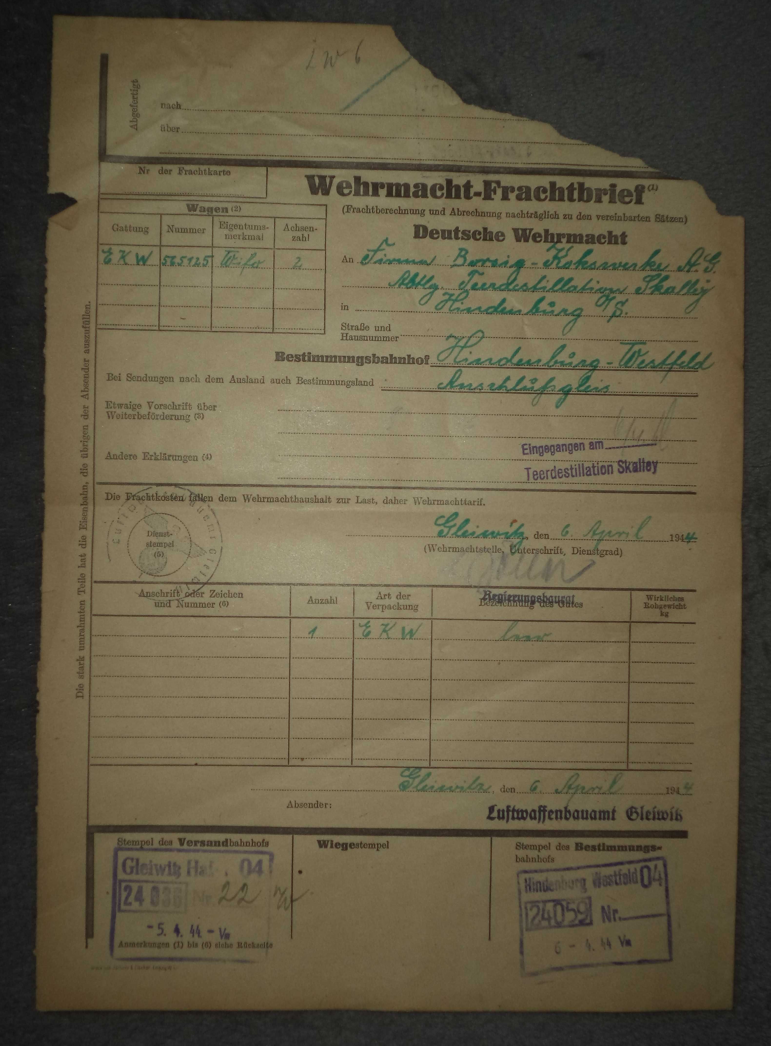 Wehrmacht - Frachtbrief - Hindenburg - list przewozowy