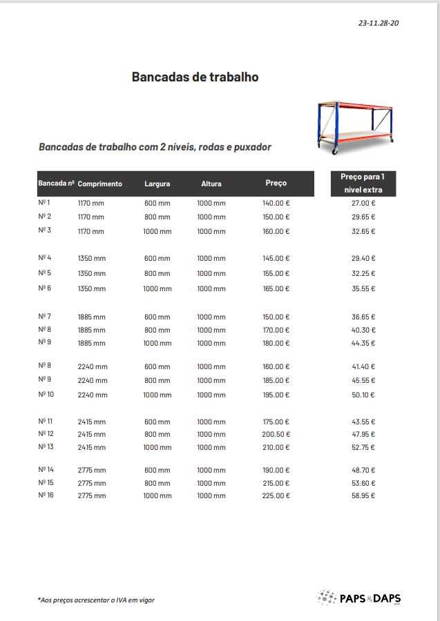 Bancada de trabalho com 2 níveis - com rodas (iva incl.)