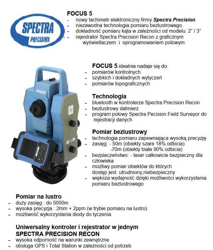 tachimetr elektroniczny bezlustrowy FOCUS 5 3'' SPECTRA PRECISION