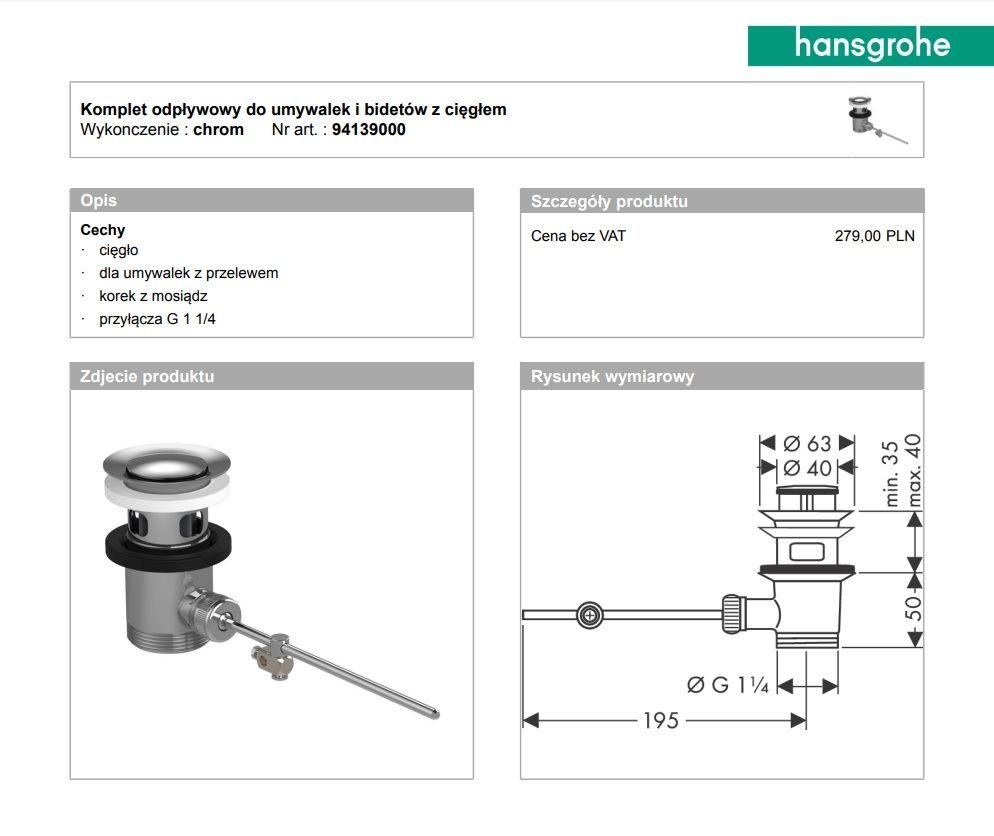 Komplet odpływowy Hansgrohe