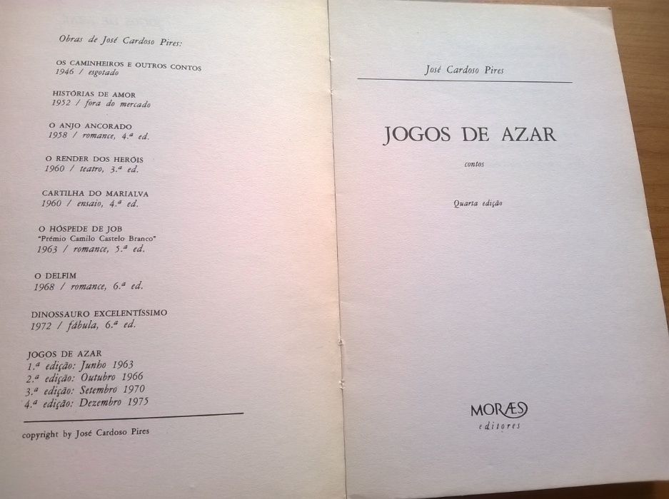 Jogos de Azar - José Cardoso Pires (portes grátis)