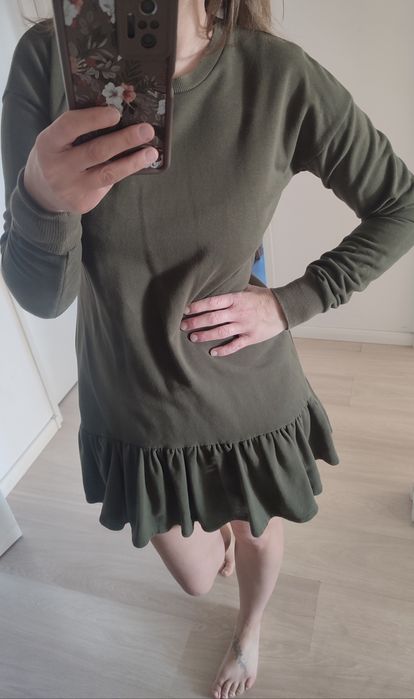 Sukienka bawełniana na jesień długi rękaw falbanka Marsala 38