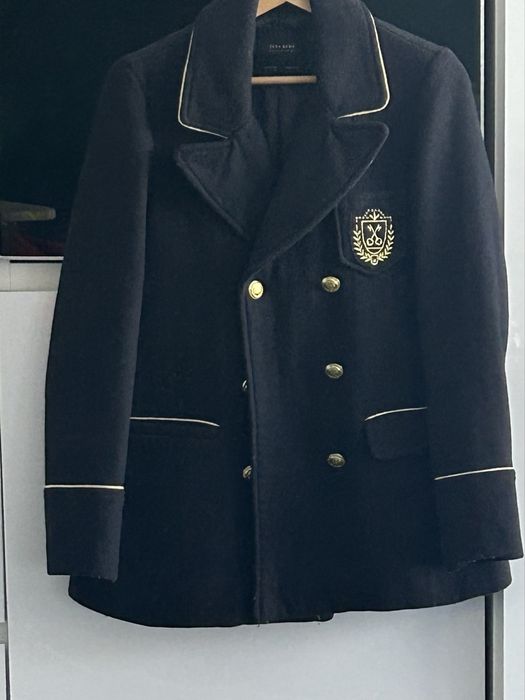 Elegancki płaszcz ZARA – granatowy, zimowy, rozm. S