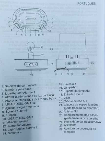 Rádio despertador (luz ajustável, natureza, campainha ou rádio)