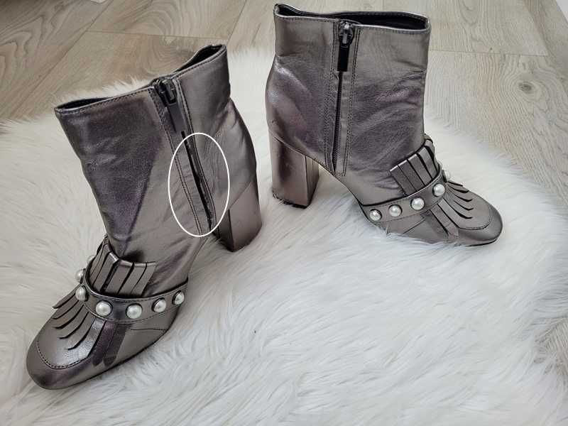Srebrne botki / buty z perełkami, na obcasie słupku / Primark, 37