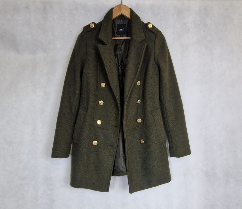 Płaszczyk, kurtka, palto khaki. Dwurzędowy S. Militarny plaszcz wełna