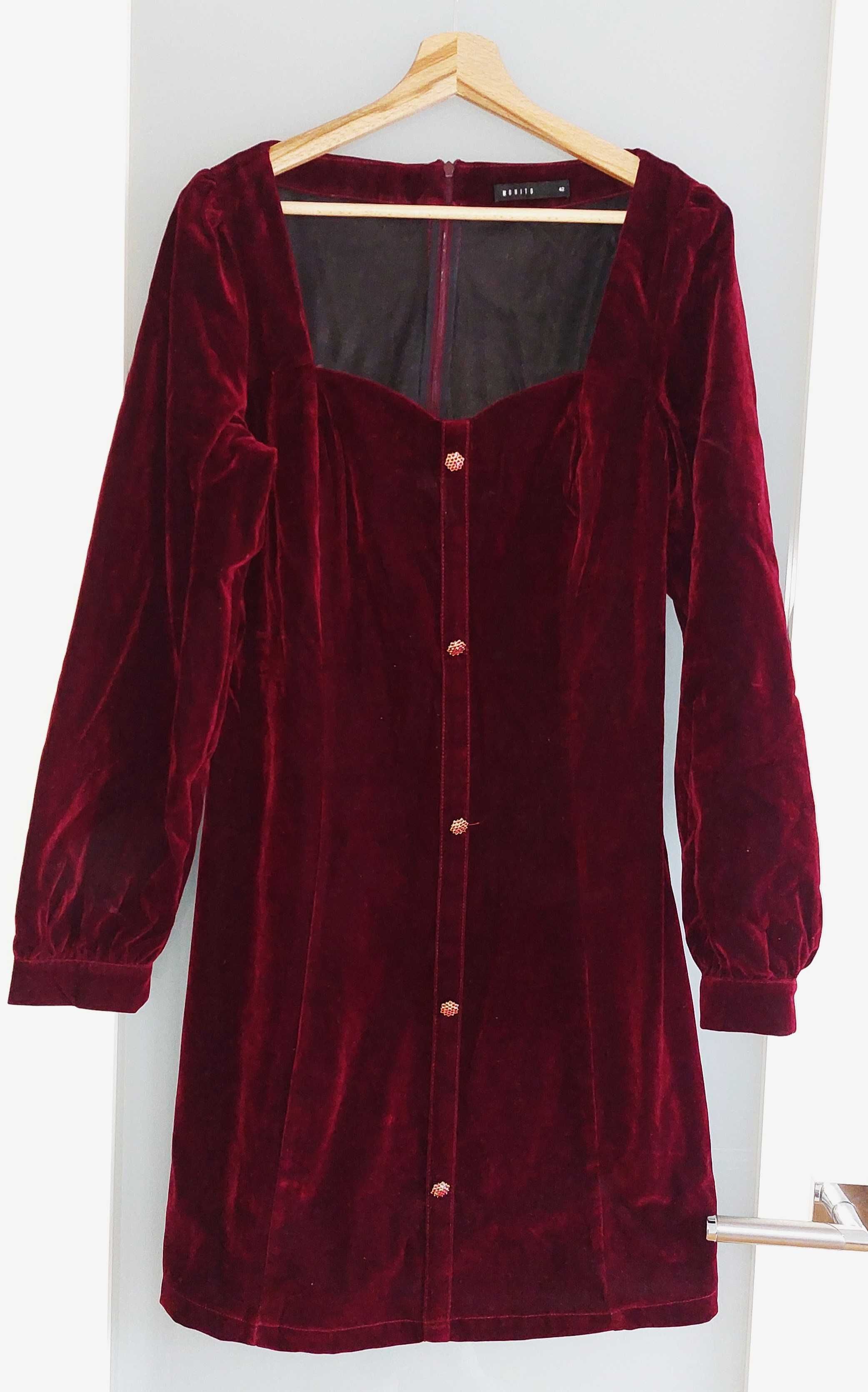 Sukienka bordo welur dekolt karo ozdobne guziki cyrkonie MOHITO 42/XL