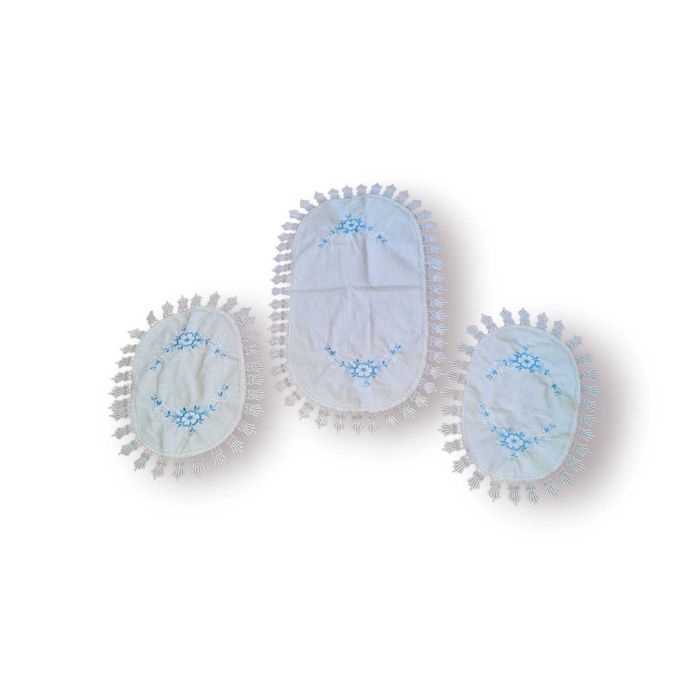 Conjunto (03) Centros Mesa Bordados à Mão – Flor Azul Renda Croché
