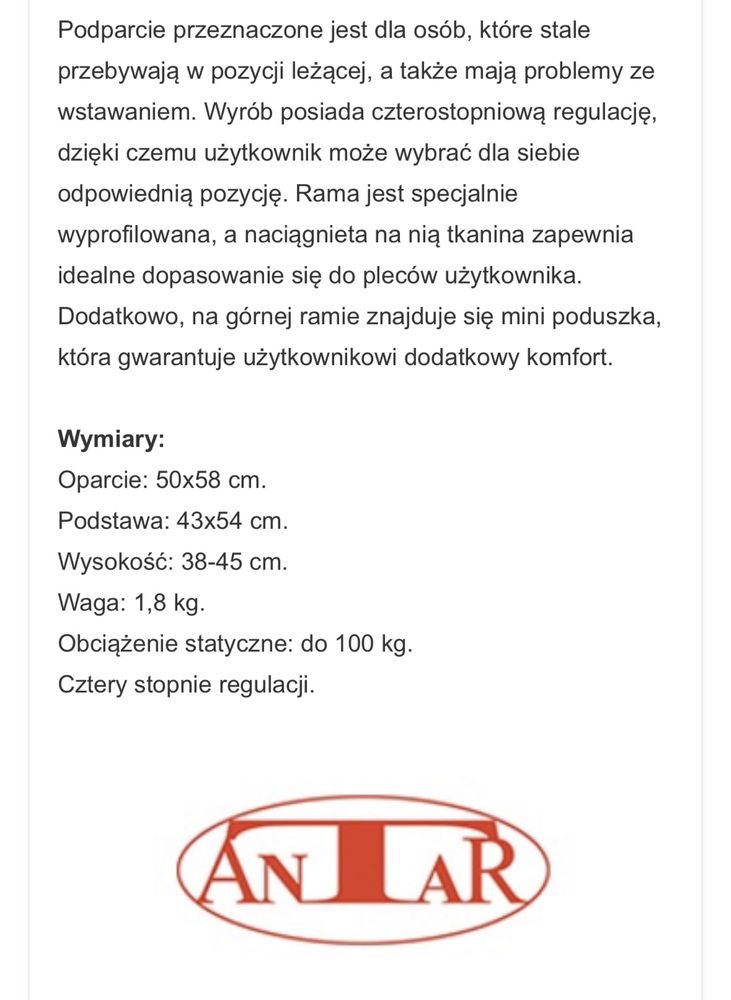 Antar podparcie pod plecy dla osób leżących