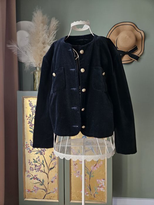 Unikatowy Czarny Żakiet damski Aksamitny/Welurowy Vintage Złote Guziki