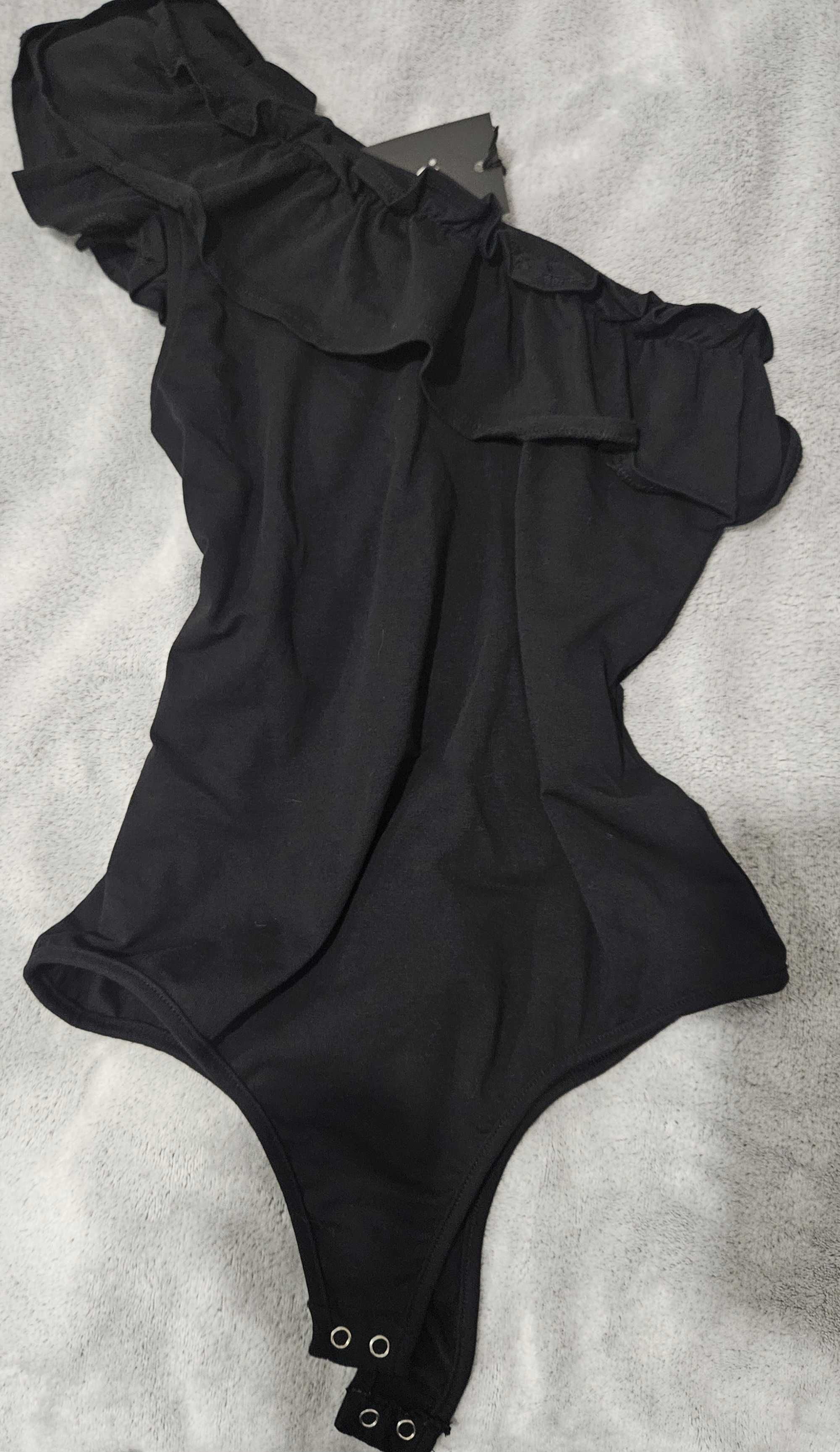 Nowe BODY XS S M jedno ramię falbana bawełna elastyczne czarne