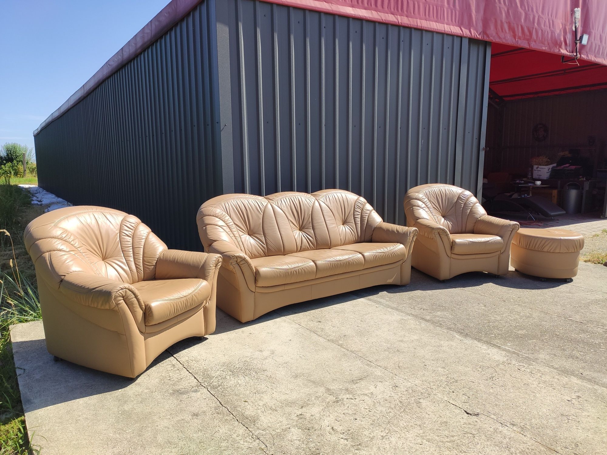 Sofa skórzana 3-osobowa+2 fotele+pufa/wypoczynek-100% skóra naturalna